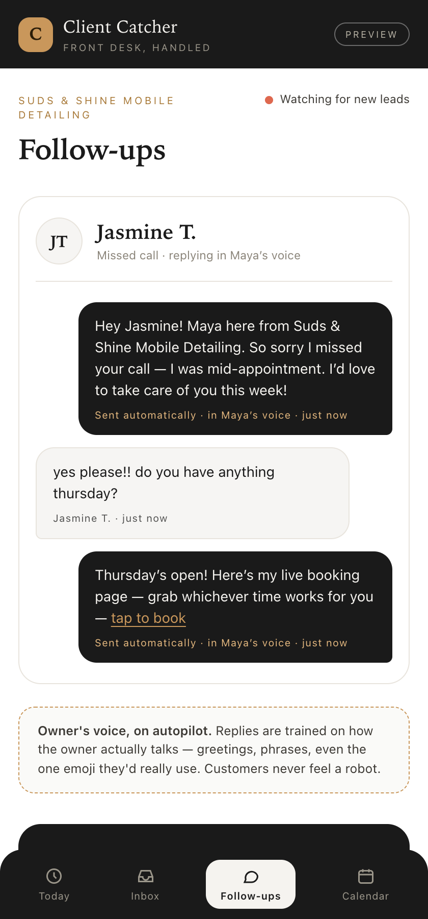Screenshot of an automated follow-up thread replying to a missed call in the owner's voice and sending a booking link.